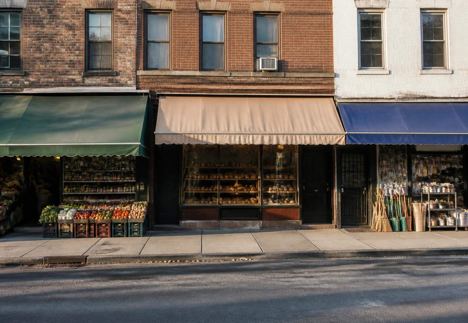 A row of small family-run storefronts with awnings on a neighborhood commercial block
